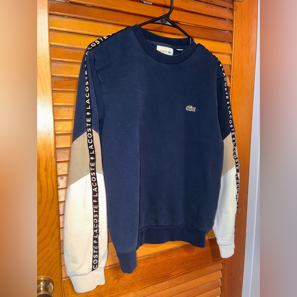 Lacoste Men’s Crew Neck Lettered Colorblock Sleeved Fleece Sweatshirt-size small